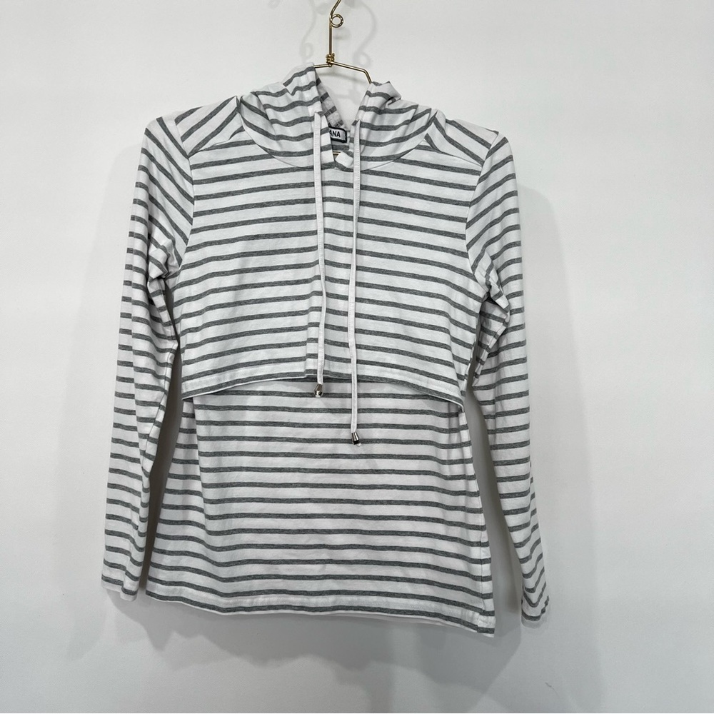 GINKANA Hooded Nursing Long Sleeve Shirt Top Size XSmall White/Gray Striped